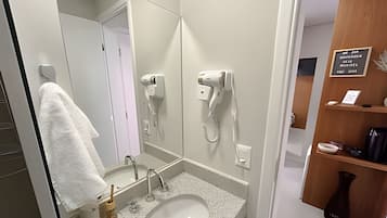 Hair dryer, soap, shampoo, toilet paper