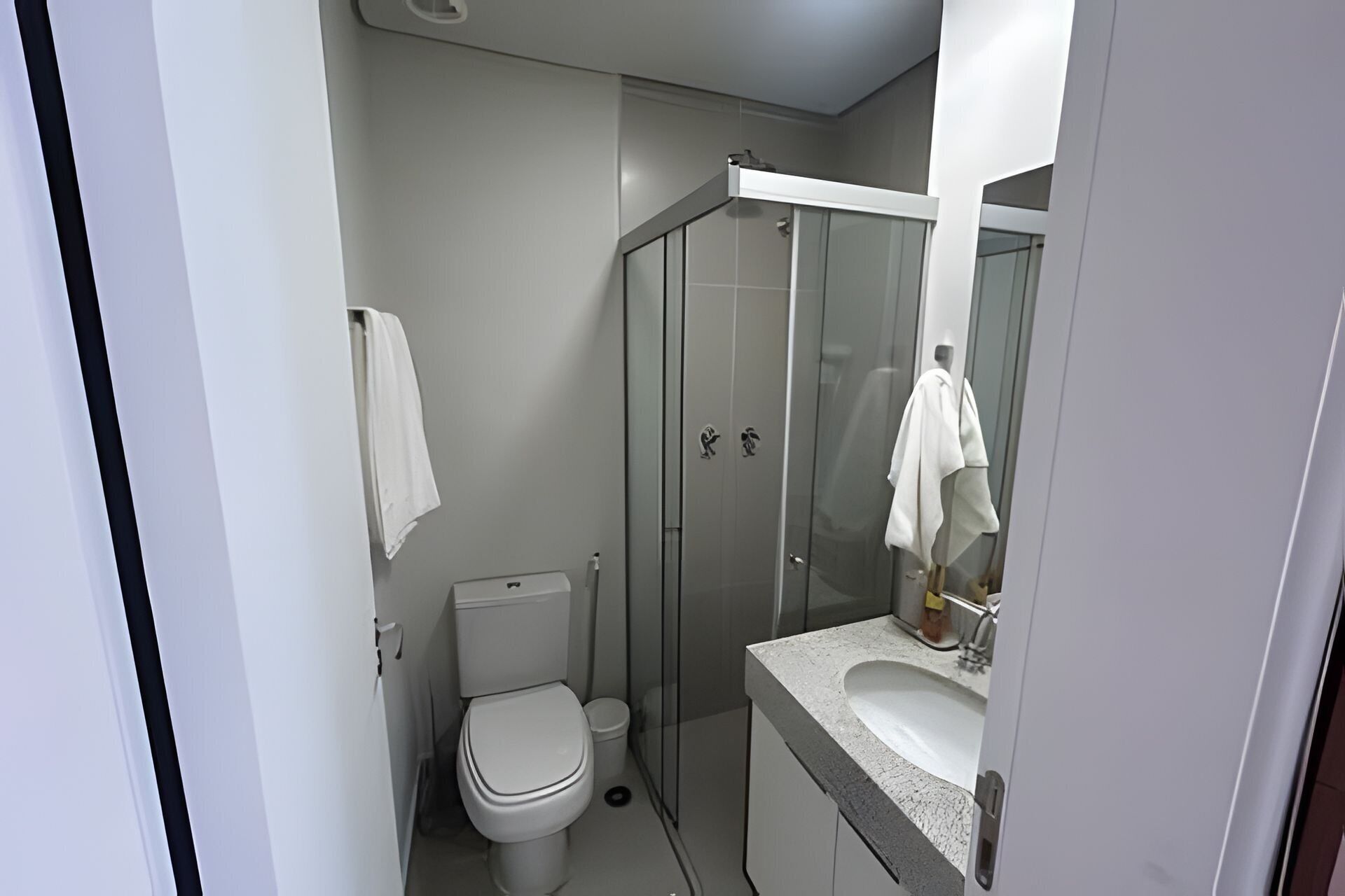 Secador de cabelo, sabonete, shampoo, papel higiênico