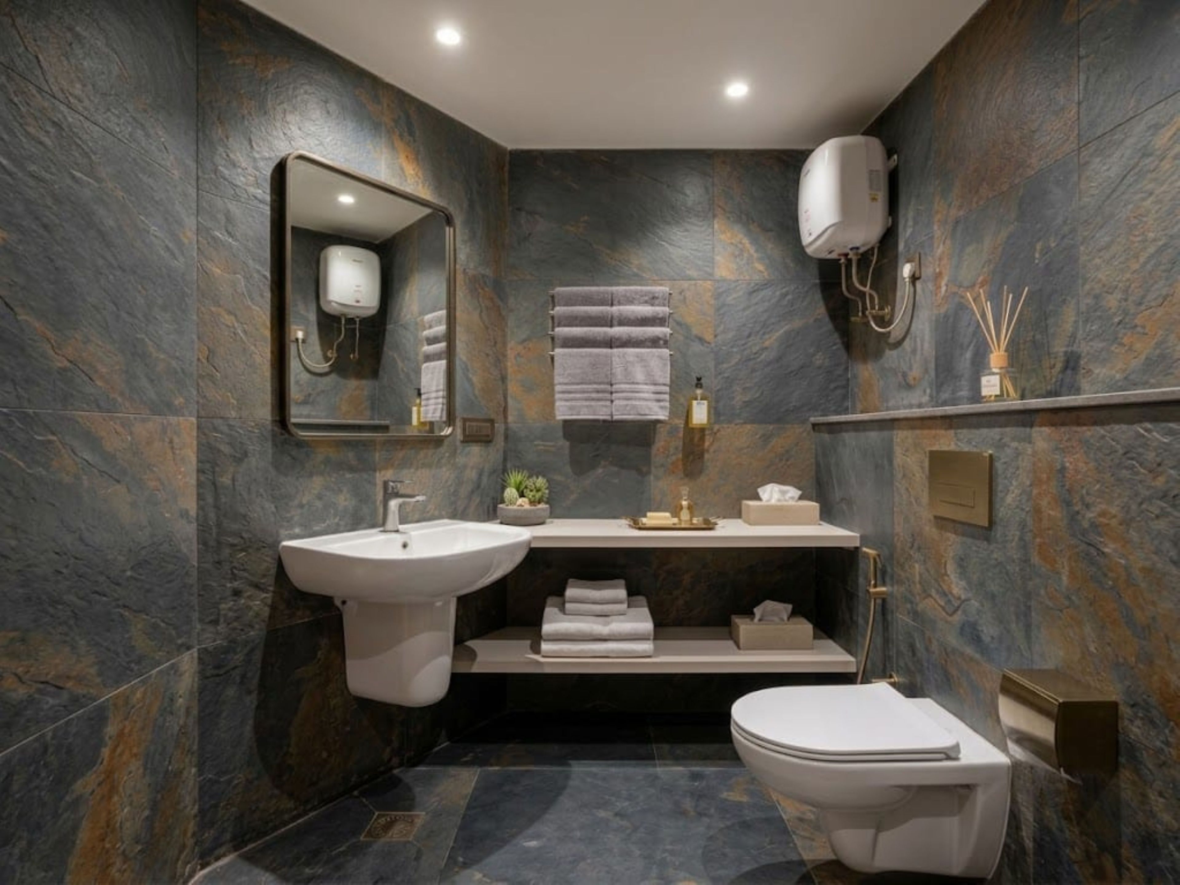 Un baño moderno con lavamanos, inodoro y espejo.