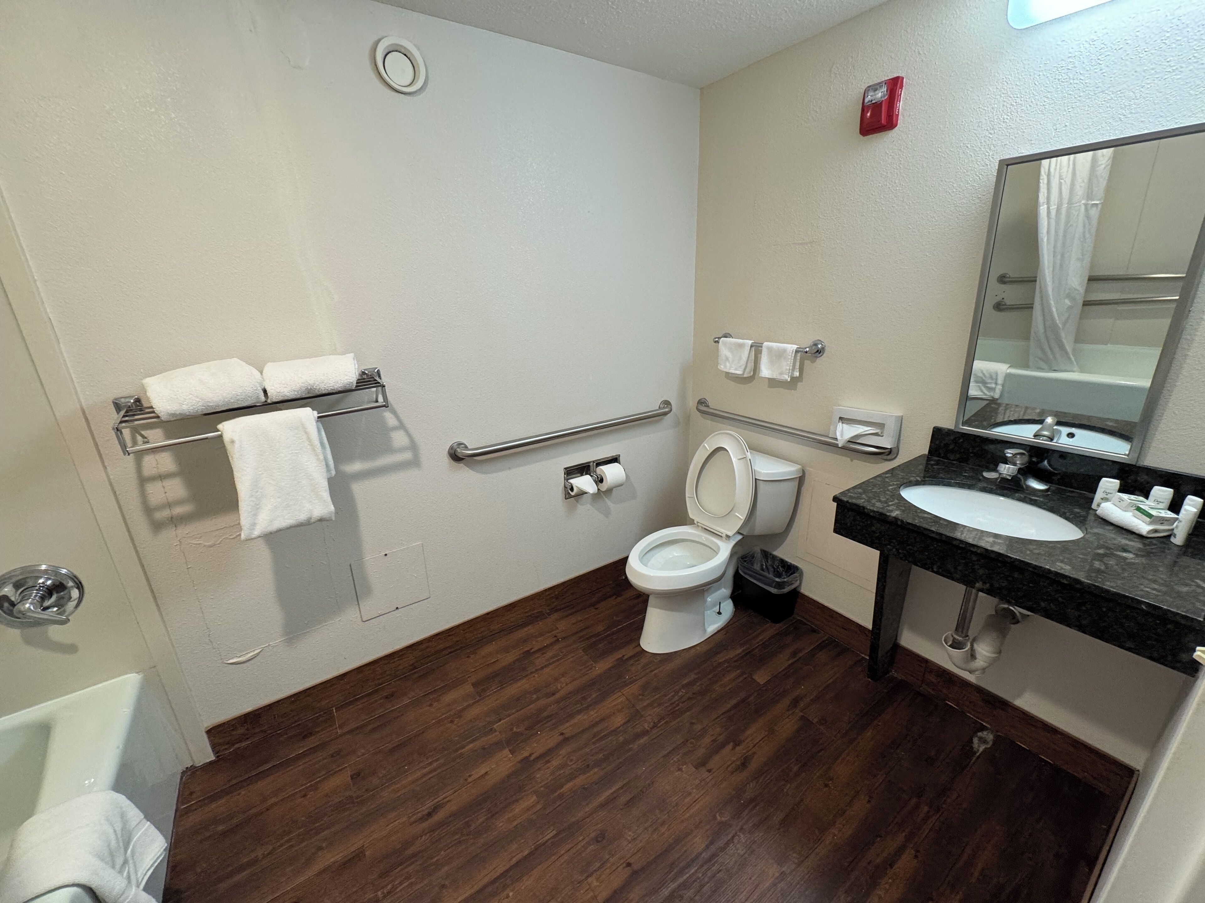 Ein Badezimmer mit Toilette, Waschbecken und Haltegriffen.