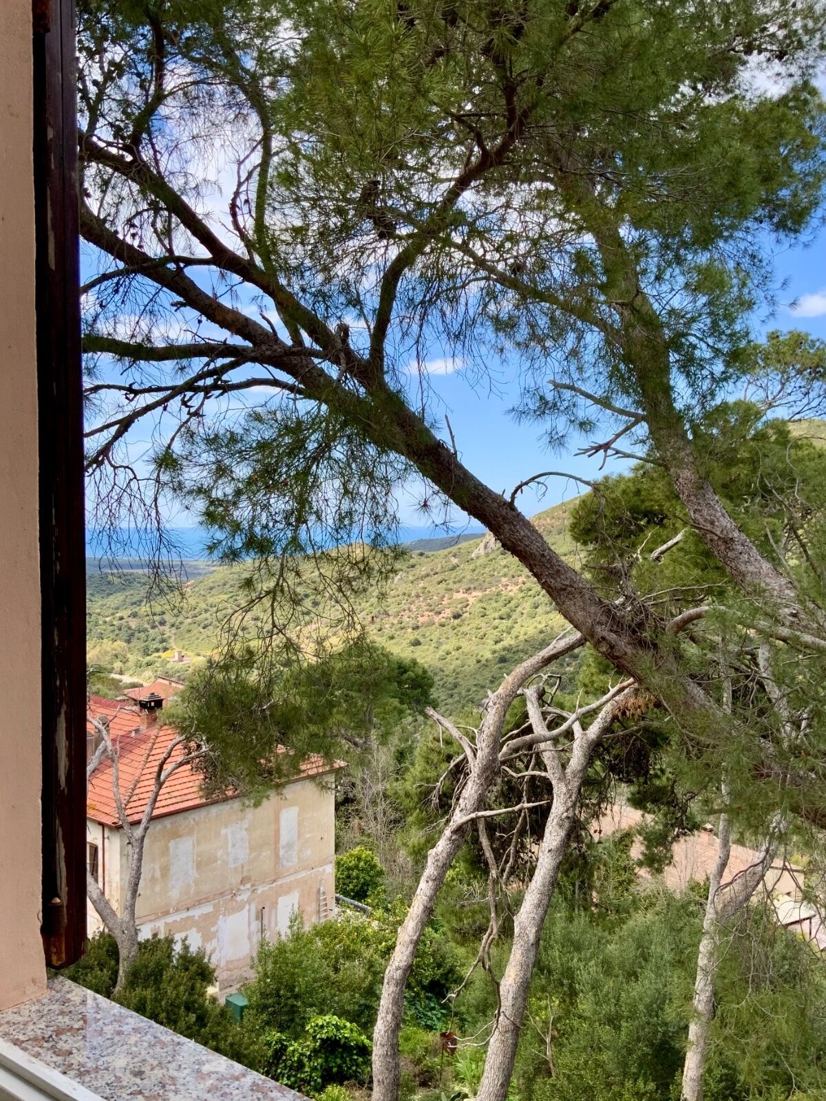 Une vue depuis une fenêtre donnant sur une colline, avec un bâtiment surmonté d’un toit rouge.