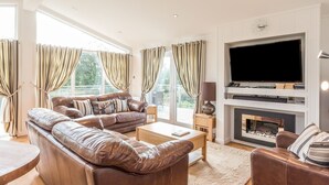 A modern living room with a leather sofa, a flat-screen TV, and a fireplace. - 2 Tree Tops (Looe)