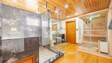 Shower, jetted tub, hair dryer, bidet