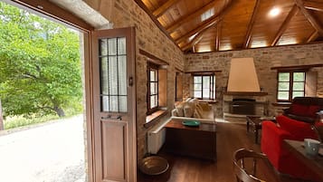 TV, fireplace, books, offices