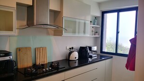 Une cuisine moderne équipée d’une cuisinière à gaz, d’une machine à café et d’une fenêtre offrant une belle vue.