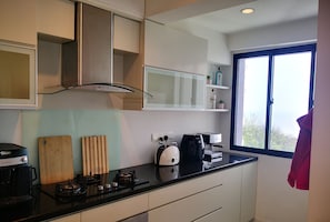 Frigorífico, microondas, horno y placa de cocina