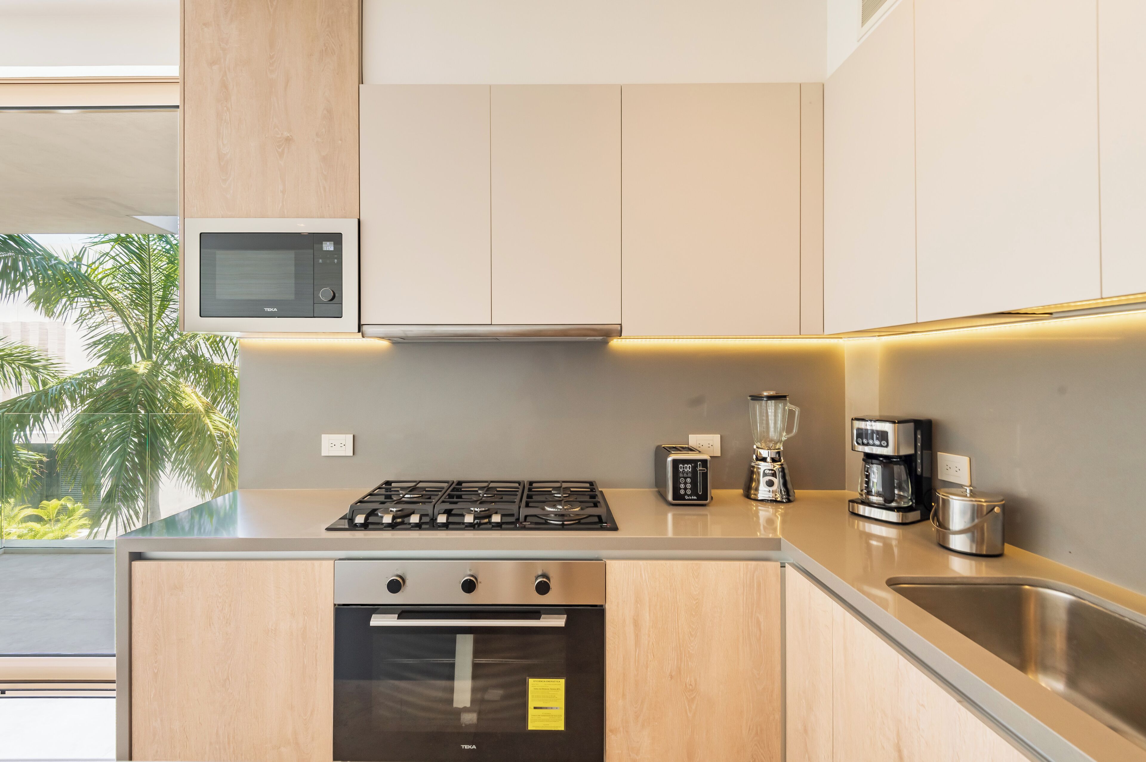 Deluxe appartement | Privékeuken | Een koelkast/vriezer, een magnetron, een oven, een kookplaat