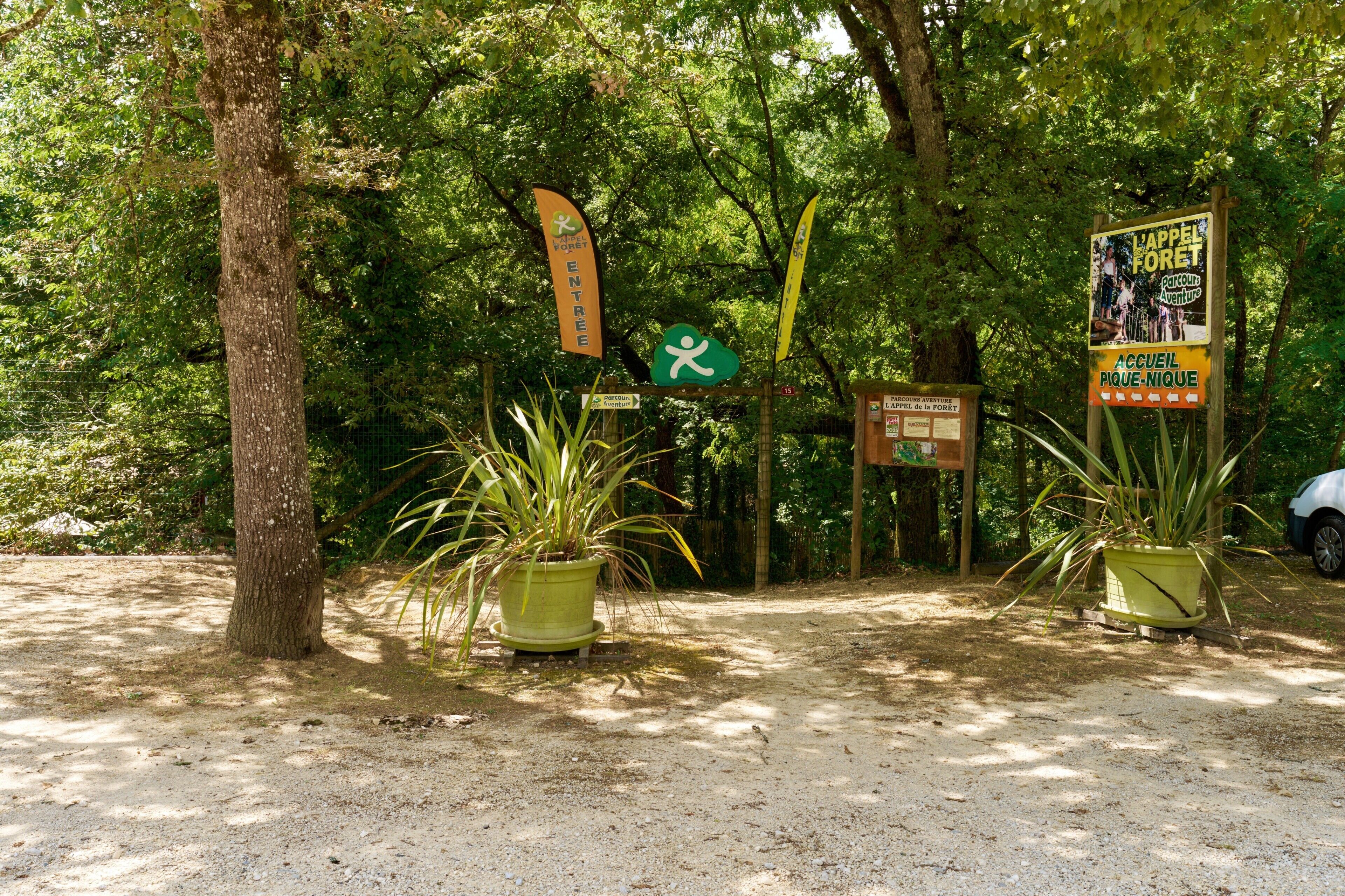 A forested area with directional signs, a welcome sign, and potted plants.