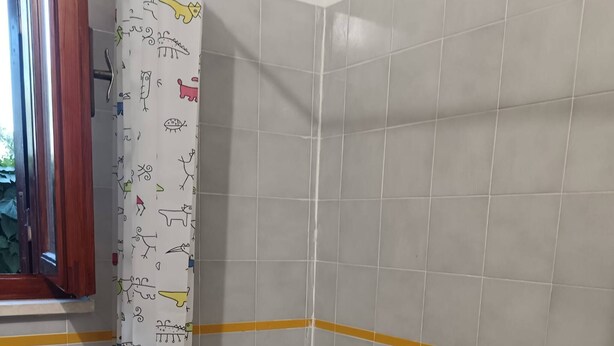 Une salle de bain avec une baignoire, un rideau de douche à motifs animaliers et un petit tabouret blanc.