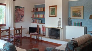 A living room with a fireplace, a bookshelf, and a sofa.