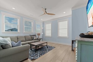 Televisión, chimenea, reproductor de DVD y libros 