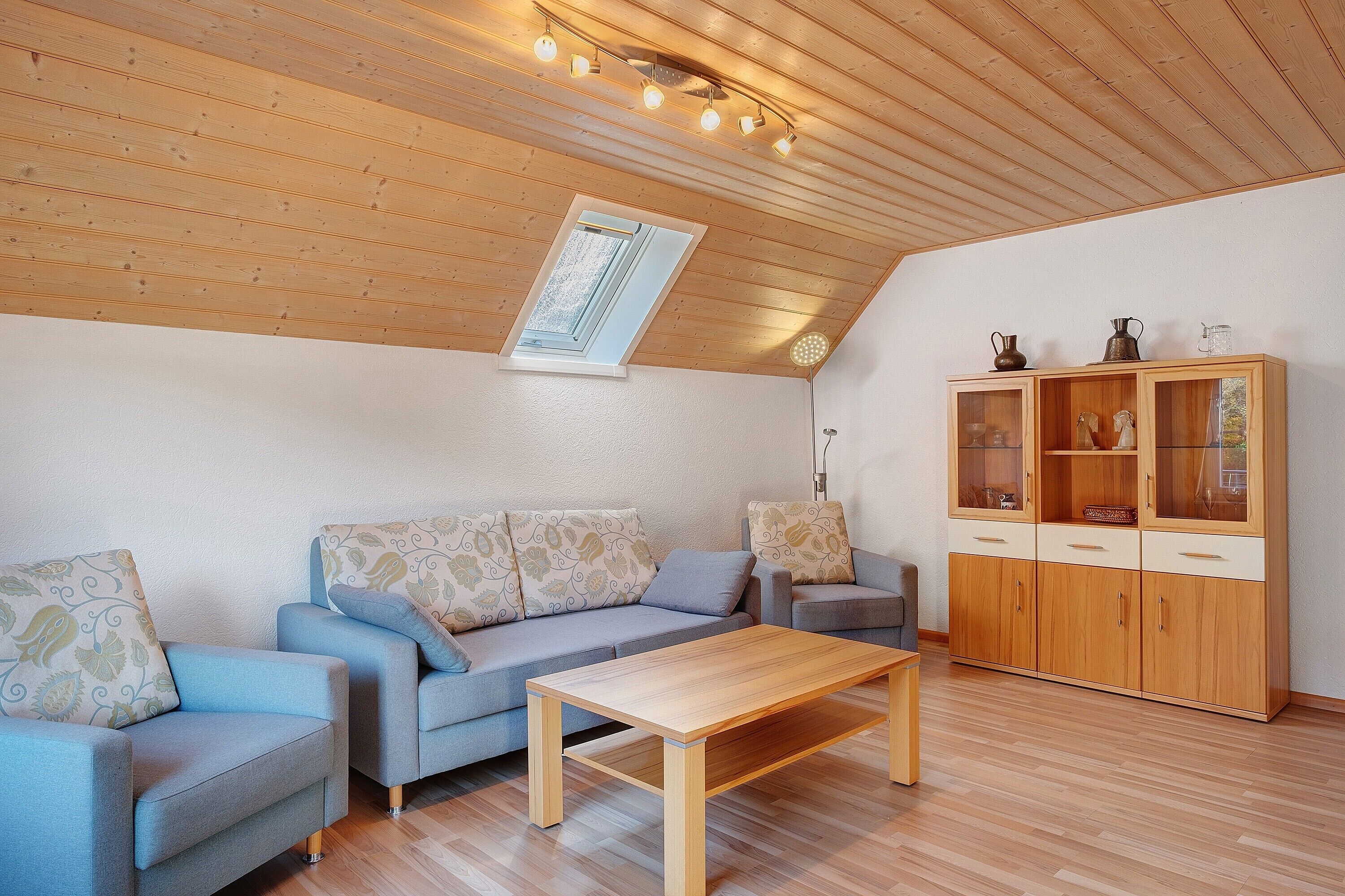 Una habitación estilo loft con techo inclinado, techo de madera, armario empotrado, sofá y mesa de centro.