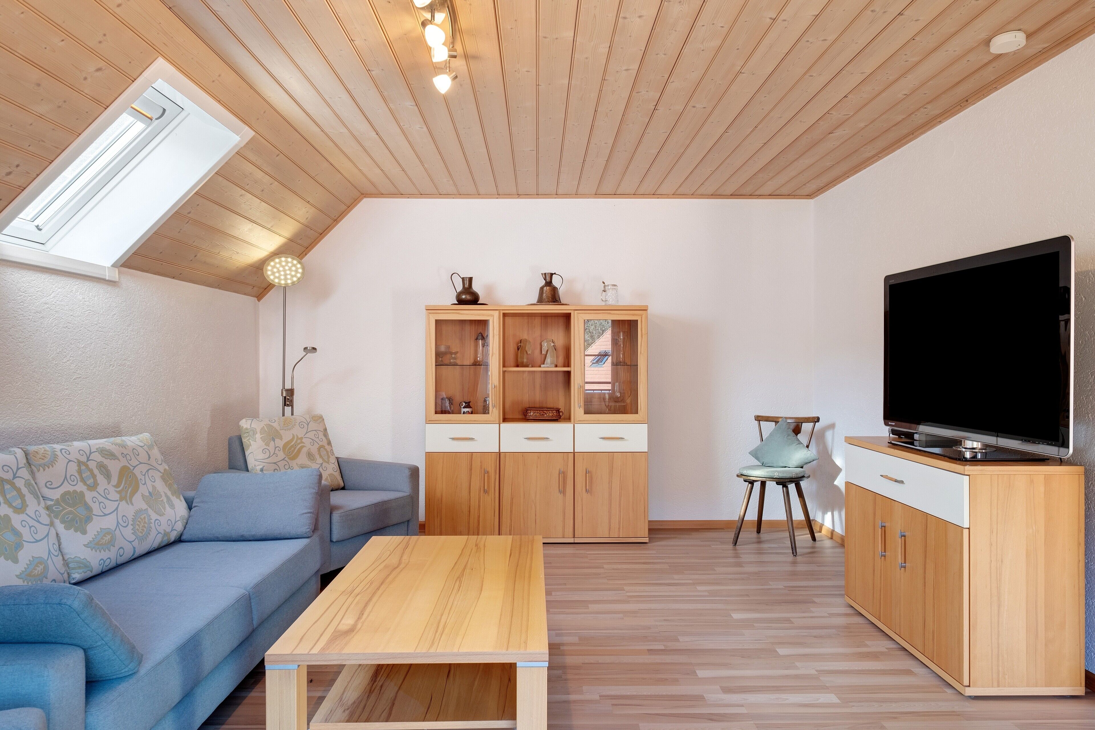 Ein modernes Wohnzimmer mit Holzboden, einem blauen Sofa, einem Holzschrank mit Glastüren, einem Fernseher und einem kleinen Tisch.