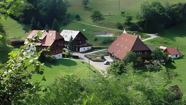 A rural village with traditional wooden houses, a clear road, and a hilly landscape. - Holiday Apartment 'Kirschblüte' with Mountain View, Shared Pool and Wi-Fi (Wolfach)