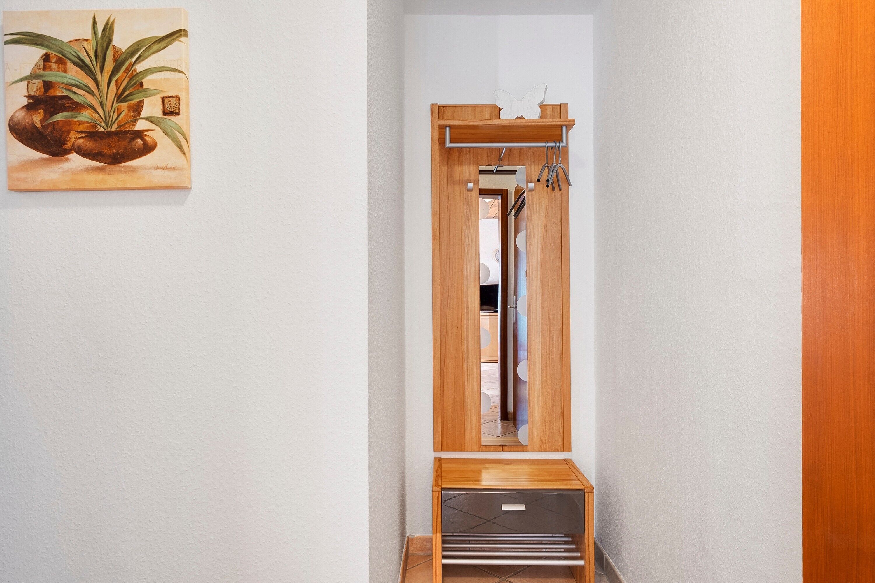 A hallway with a wooden door, a mirror, and a wall-mounted artwork.