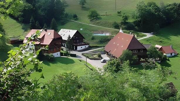 A rural village with traditional wooden houses, a clear road, and a hilly landscape. - Holiday Apartment 'Sonneneck' with Mountain View, Shared Pool and Wi-Fi (Wolfach)