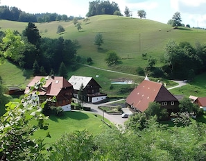 A rural village with traditional wooden houses, a clear road, and a hilly landscape.