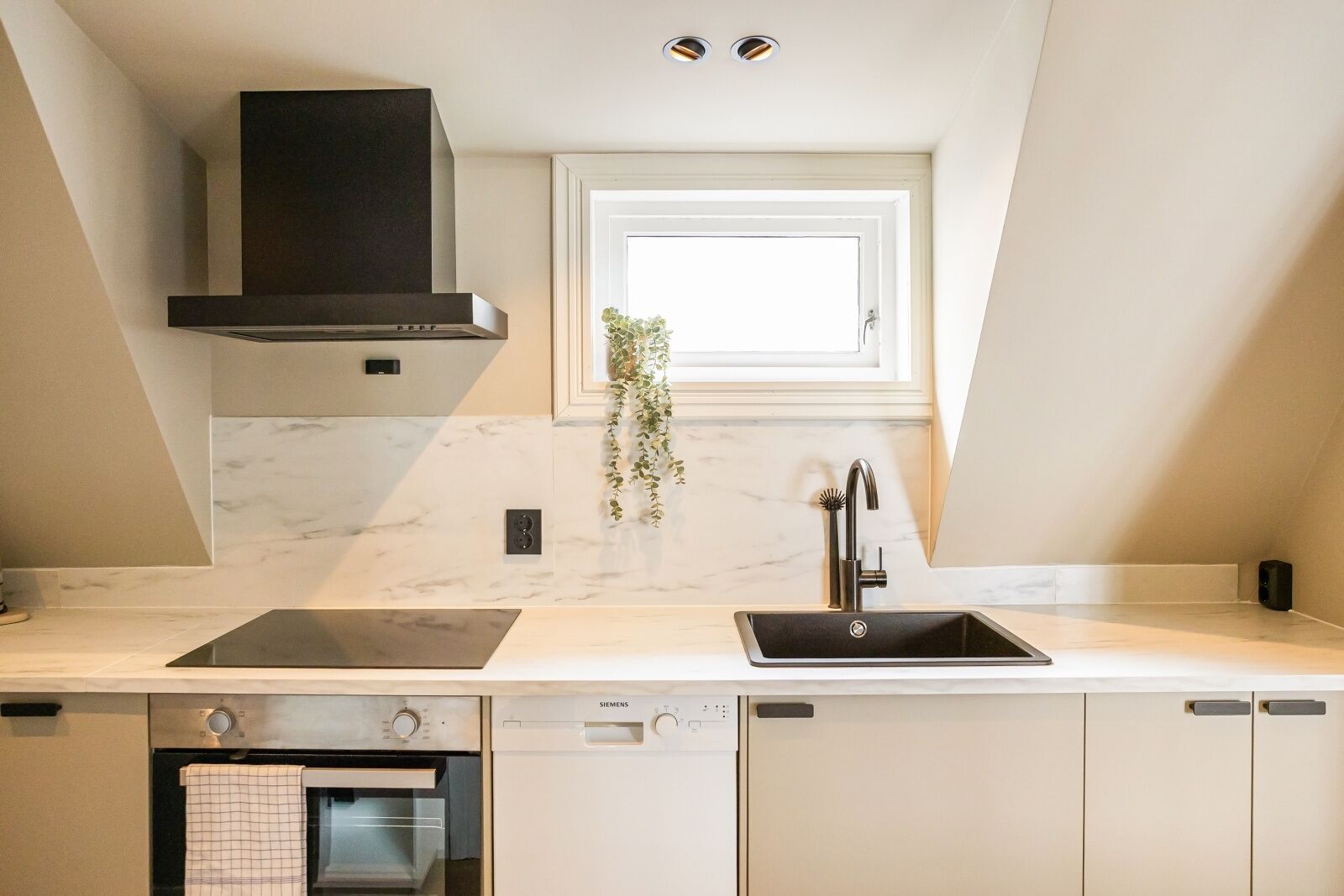 A modern kitchen with a black range hood, a window with a plant, a sink, and a dishwasher.