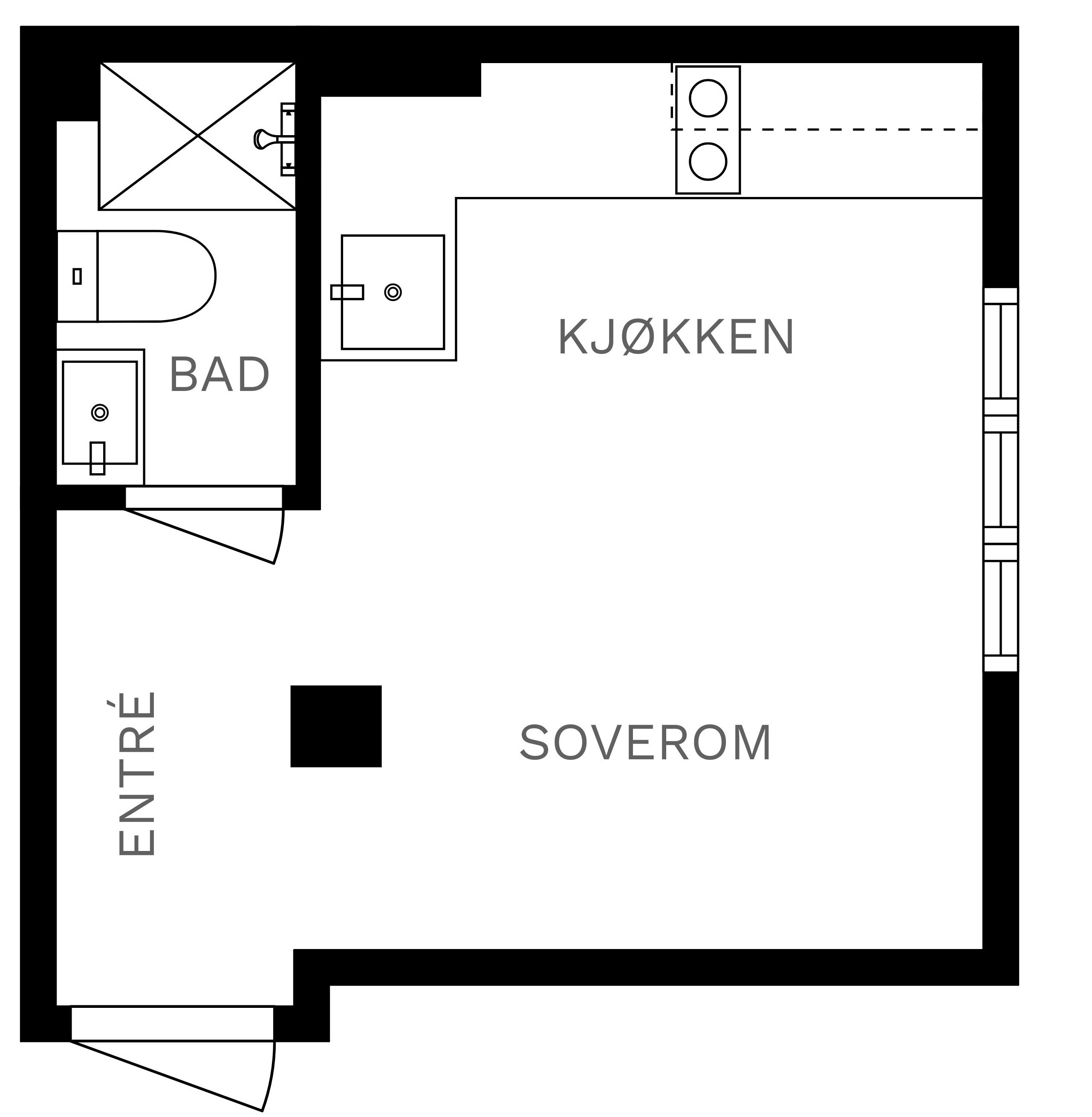 Ein Grundriss eines Hotelzimmers mit Küchenzeile, Bad und separatem Eingang.