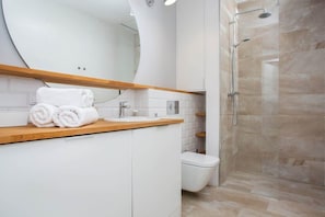 Shower, hair dryer, towels