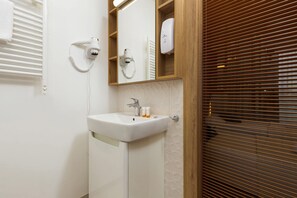 Chuveiro, secador de cabelo, toalhas de banho 