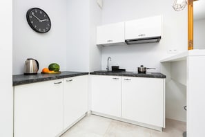 Fridge, stovetop, cookware/dishes/utensils