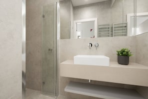 Shower, hair dryer, towels, shampoo