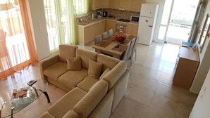 Eine moderne Wohnung mit Wohnzimmer, Küche und Essbereich.