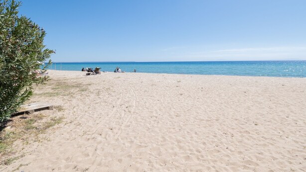 Una playa arenosa con algunas personas y vehículos, un cielo azul despejado y un mar tranquilo.