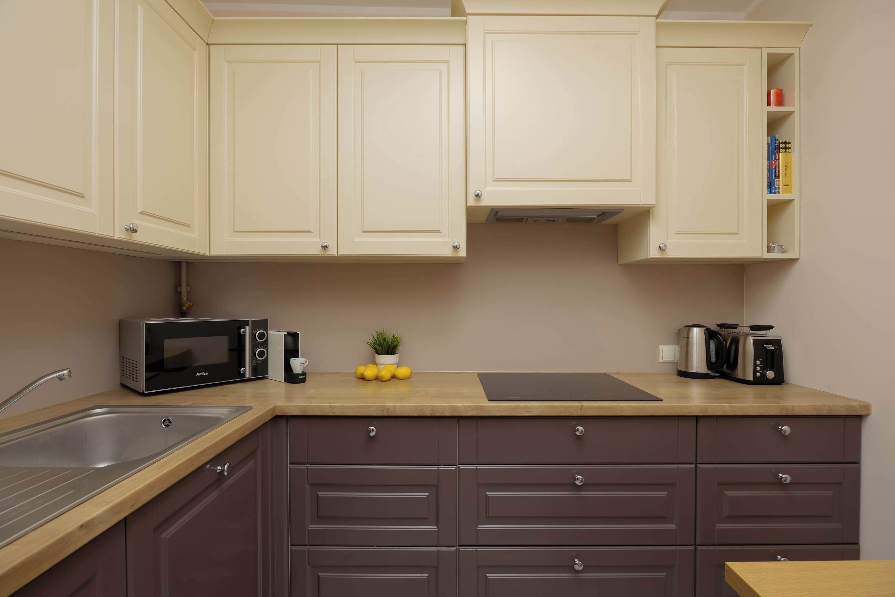 Fridge, microwave, stovetop, coffee/tea maker