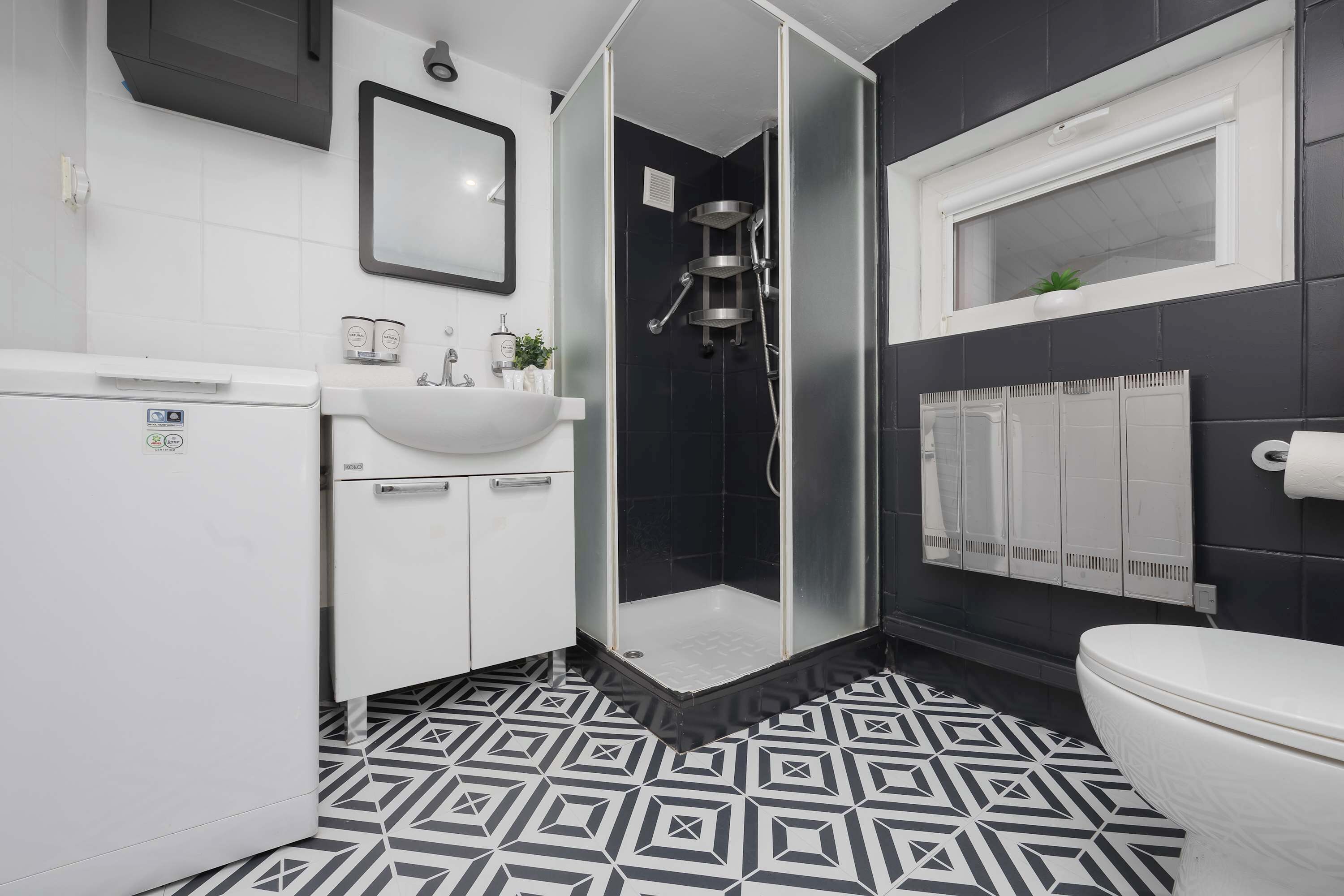 Shower, hair dryer, towels, shampoo