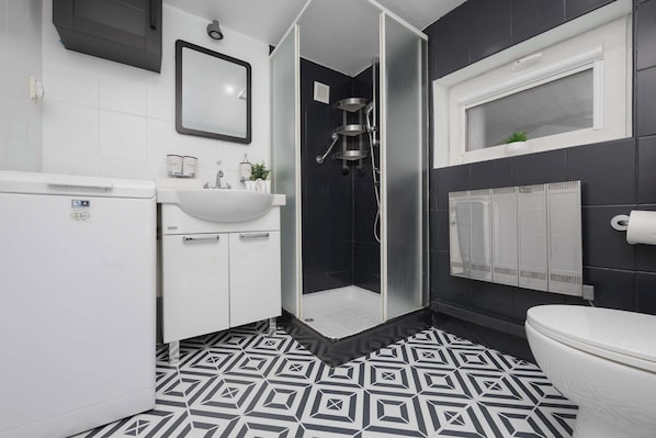 Shower, hair dryer, towels, shampoo