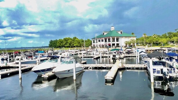 A marina with boats docked, a large building with a green roof, and a clear sky.