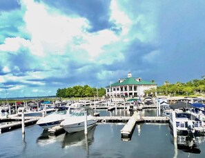 A marina with boats docked, a large building with a green roof, and a clear sky.