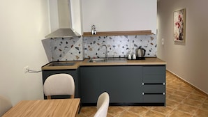 A compact kitchen with a modern design, featuring a built-in stove, a sink, and a small countertop area. - Palm Suites Apartaments (Vlore)