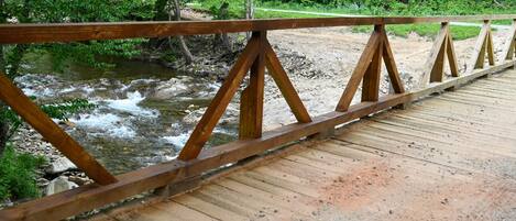 A wooden bridge with a metal railing over a river, surrounded by greenery.