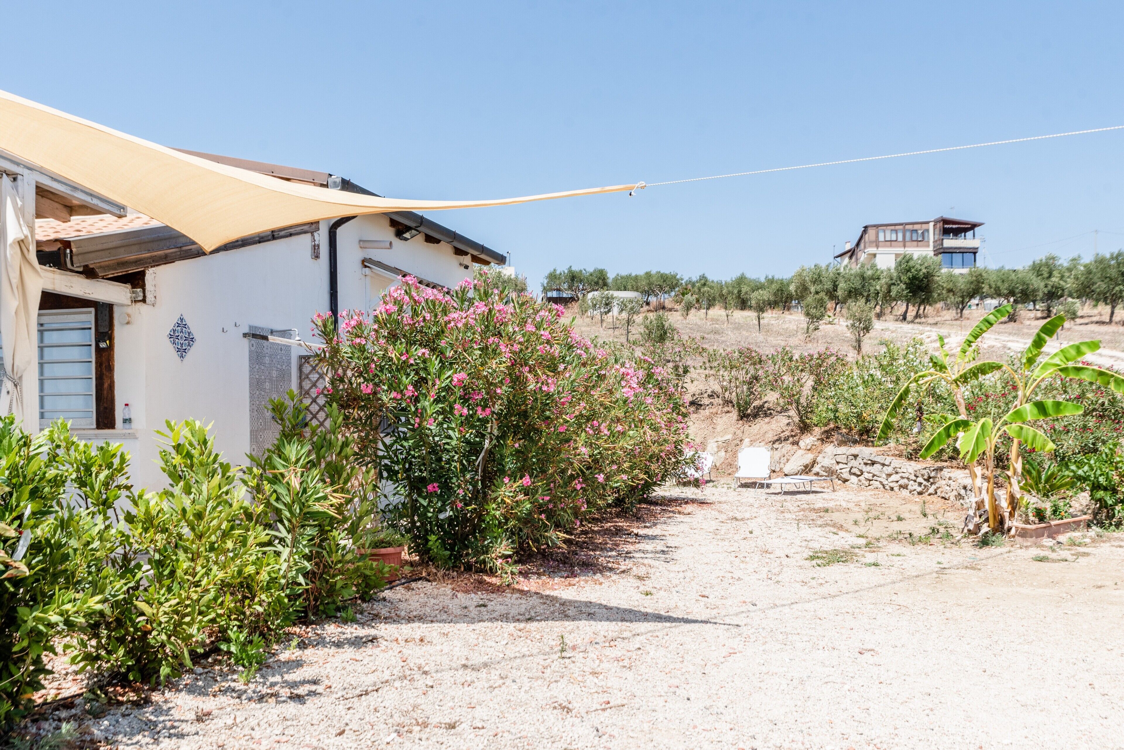 Et hus med en overdækket veranda, grusvej og en have med lyserøde blomster.