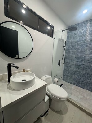 Regadera, toallas, jabón, shampoo 