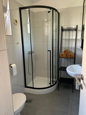 Secador de cabelo, bidê, toalhas de banho, sabonete