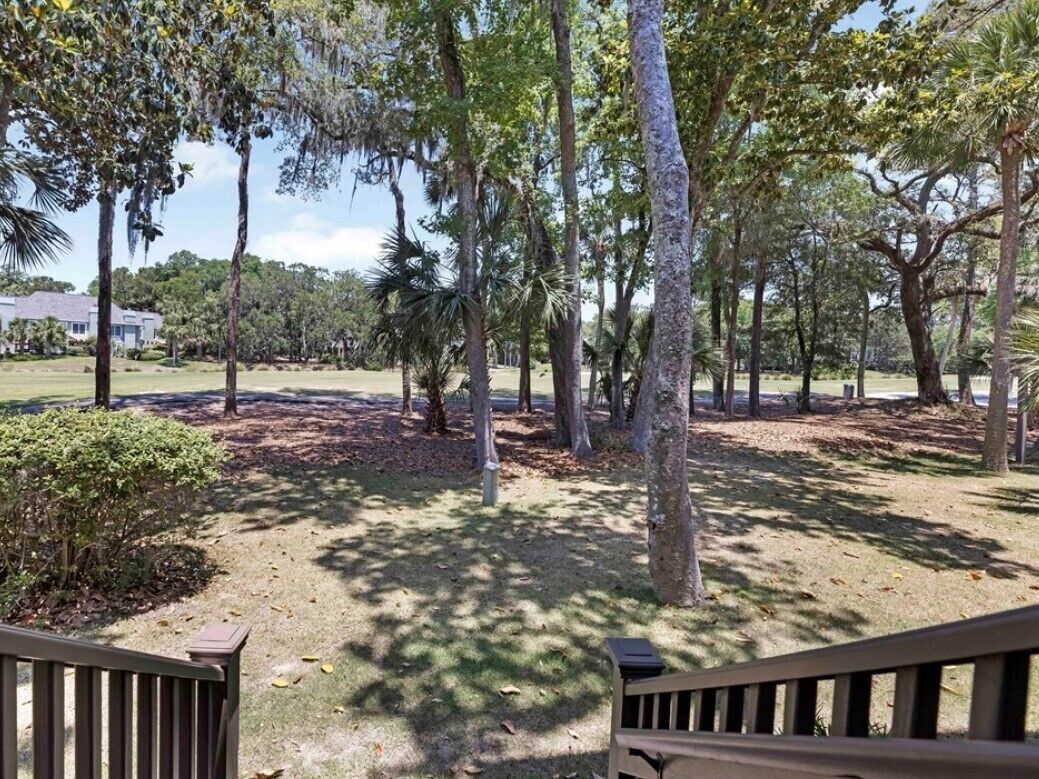 A park with a wooden bench, trees, and a building in the background.