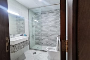 Bidet, towels, soap, toilet paper