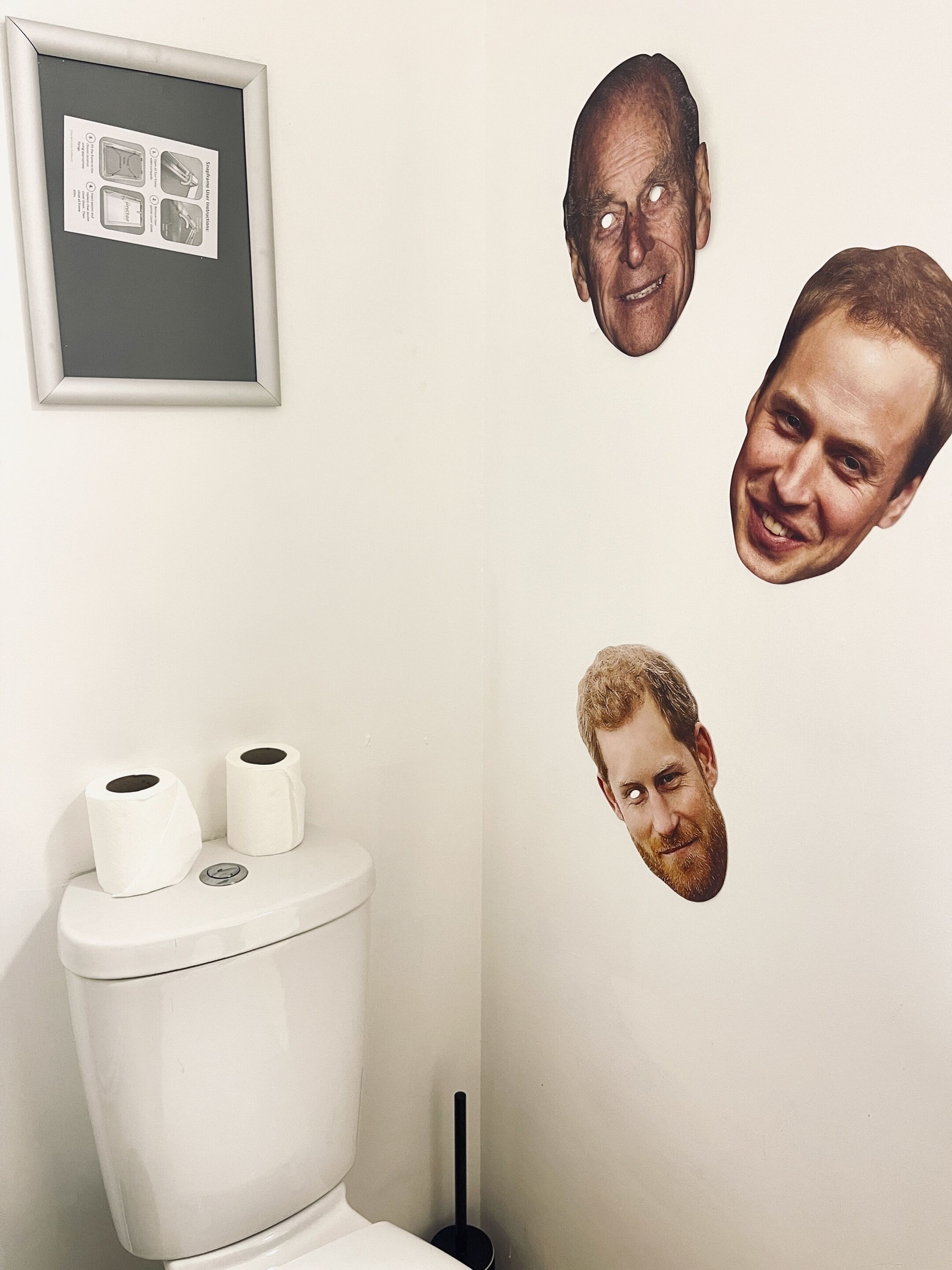 Ein Badezimmer mit Toilette, zwei Toilettenpapierrollen und einem Pömpel.