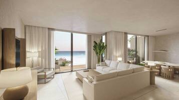 Suite, 1 Schlafzimmer, eigener Pool | Wohnzimmer | 55-Zoll-LED-Fernseher mit Satellitenempfang