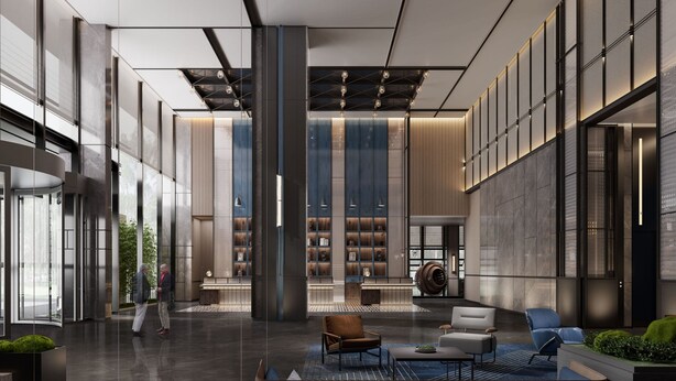 Um hall amplo com design moderno, destacando um pilar central, área de estar e uma grande estante de livros.