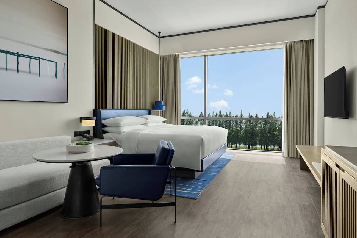 Deluxe kamer, 1 kingsize bed, uitzicht op meer | Donsdekens, een minibar, een kluis op de kamer, verduisterende gordijnen