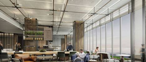 Een modern interieur met een hoge plafond, open indeling en grote ramen met uitzicht.
