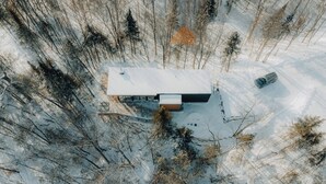 A modern house with a flat roof, surrounded by a forest with snow-covered ground.