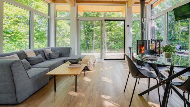 A modern living room with a gray sofa, a wooden coffee table, and a glass dining table with chairs. Large windows offer a view of the surrounding forest.