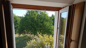 A room with a large window, wooden floor, and a view of a green landscape. - Guest Room 'Tilleul' with Shared Pool, Shared Terrace and Wi-Fi (Beaumont sur Grosne)