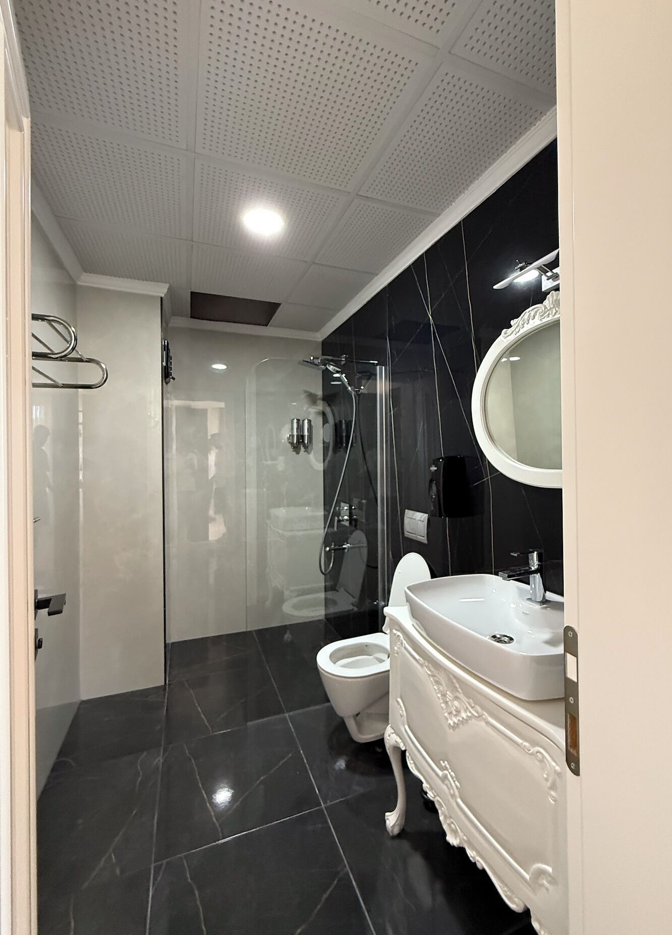 A modern bathroom with a glass-enclosed shower, a white toilet, and a vanity with a large mirror.